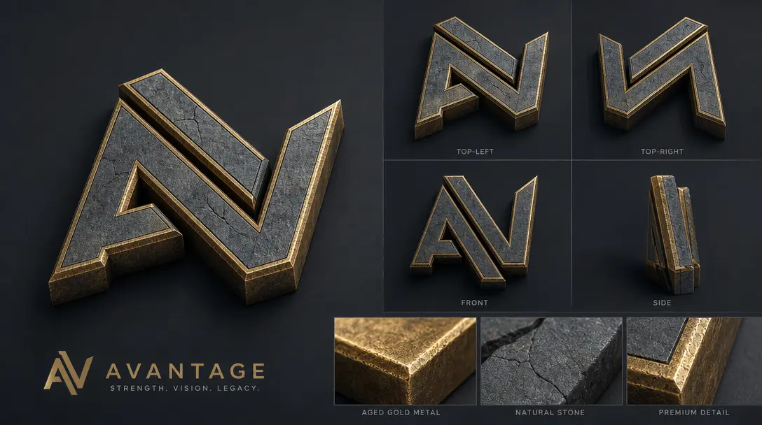 Textured logo rendered in 3D isometric view showing dimension and material properties from multiple angles
