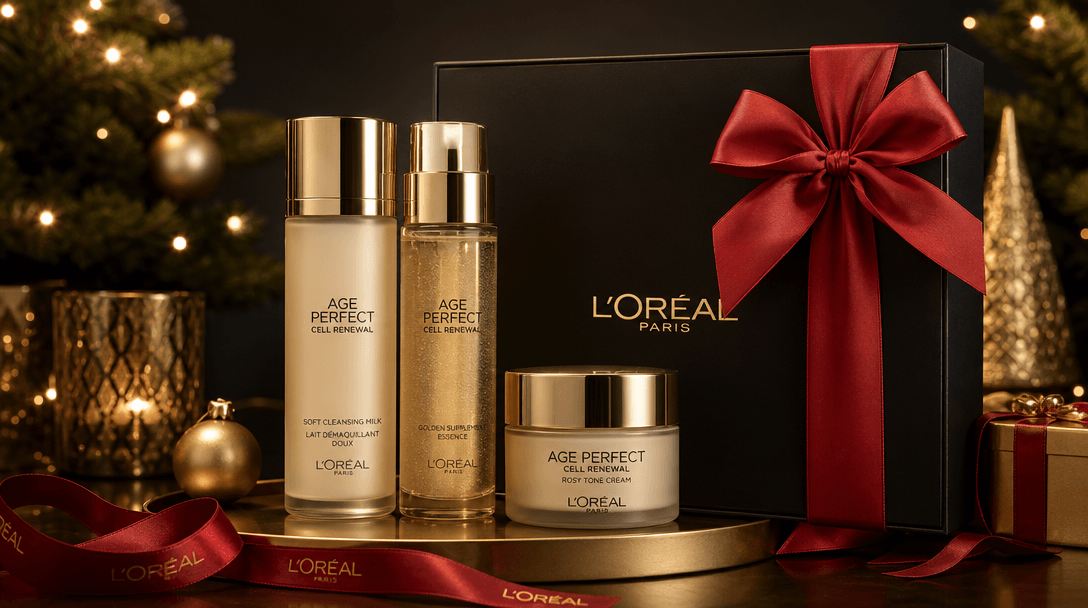 Beauty product display with festive red ribbon and bow, decorated in gift-presentation style. Warm gold-tinged lighting,