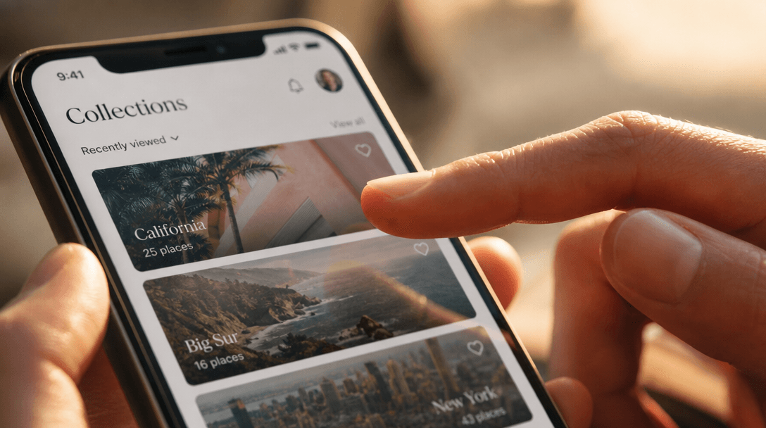 Macro close-up of smartphone screen displaying app interface with realistic human hand gestures visible in frame. Warm g