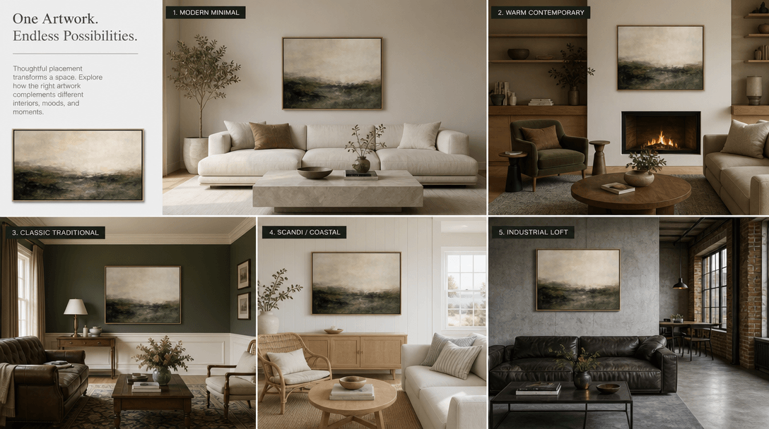 Styled interior space showing multiple room variations with artwork placement, different aesthetic contexts visible, int