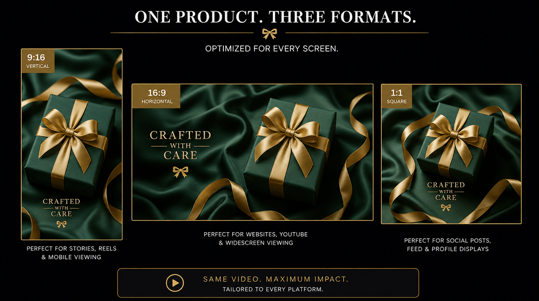 Same ribbon-wrapped product video displayed in three aspect ratio frames (vertical 9:16, horizontal 16:9, square 1:1). E