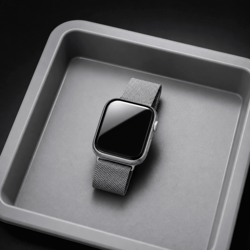 Editorial product image of a sleek silver smartwatch face-up on a gray airport security tray. Crisp overhead lighting wi