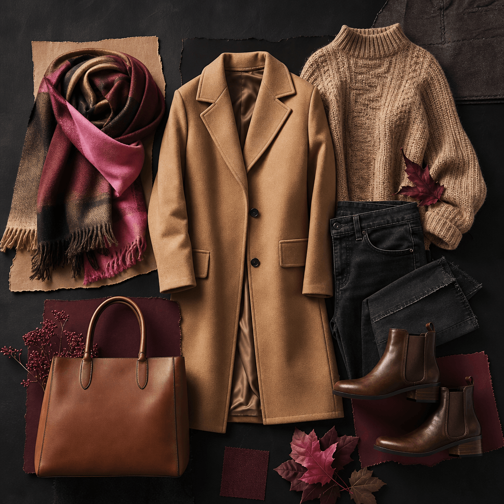 Warm autumn fashion board with a camel coat, knitted sweater, dark denim, leather boots, scarf, and structured tote isol