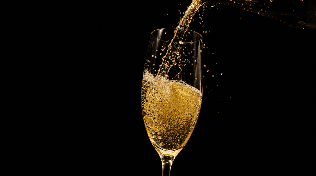 Champagne pour in slow-motion — gold liquid cascading into a crystal flute, bubbles rising, against a pure dark backgrou