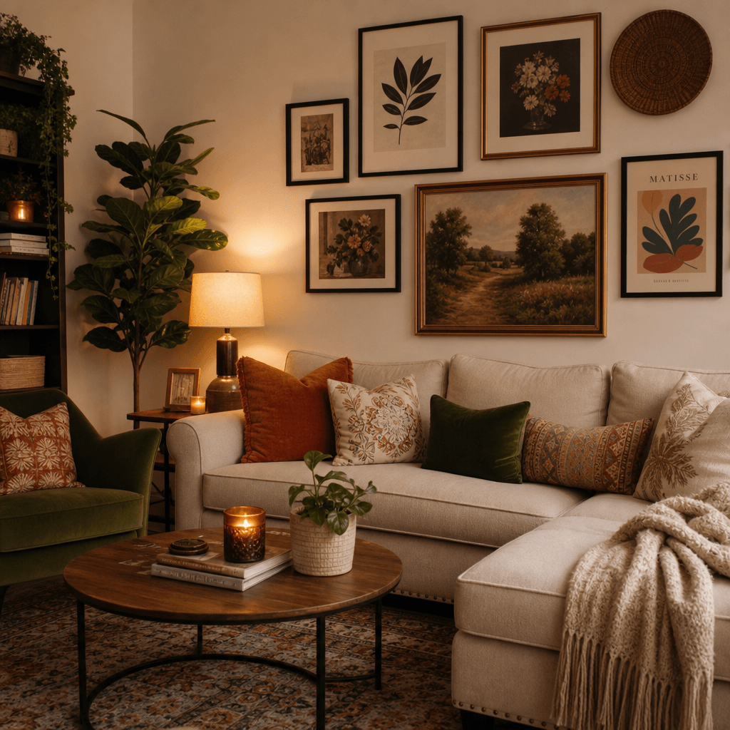 Decorated living room corner with wall art and pillow arrangement. Cozy styling with warm ambient lighting. Soft furnitu