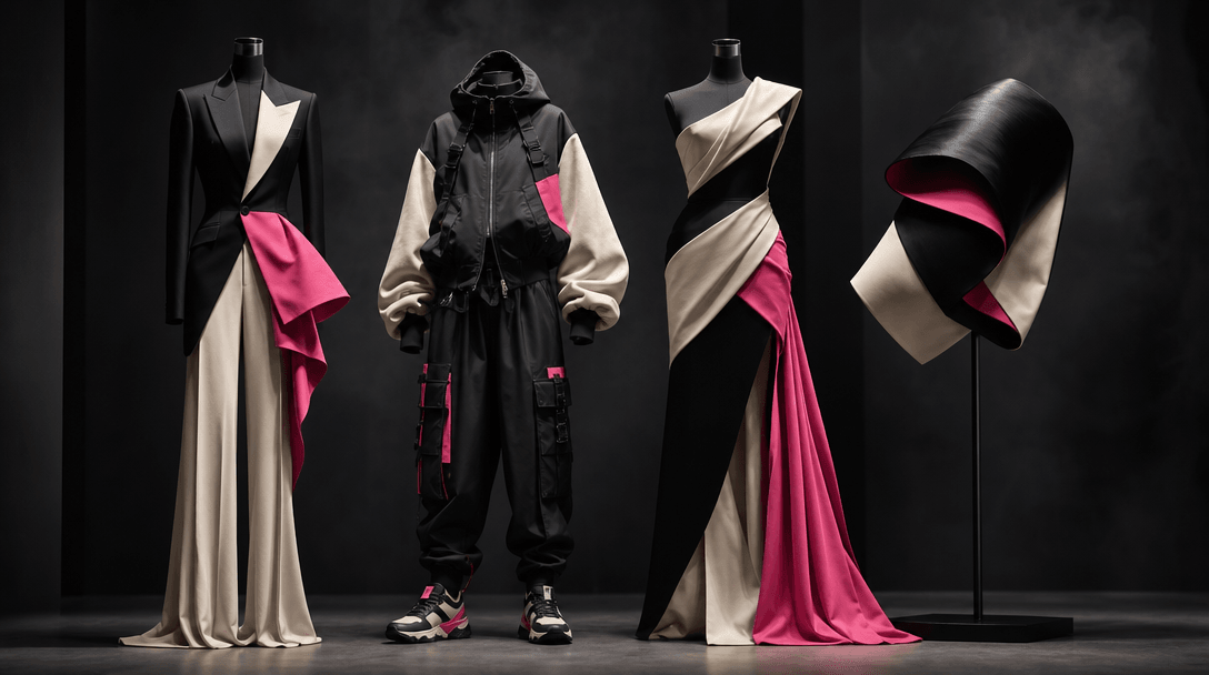 Four coordinated fashion silhouettes represented by sculptural garments on minimal forms, each sharing the same black, c
