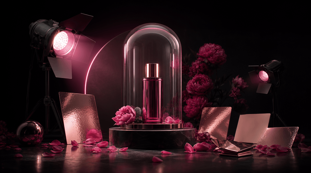 A cinematic production tableau with a glass dome, polished product pedestal, flower petals, reflective metal cards, and
