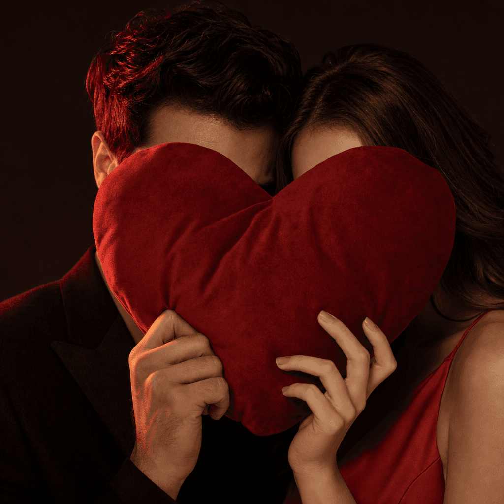 Close portrait of an anonymous couple framed behind a large soft red heart pillow, dark editorial set, warm rim light, r