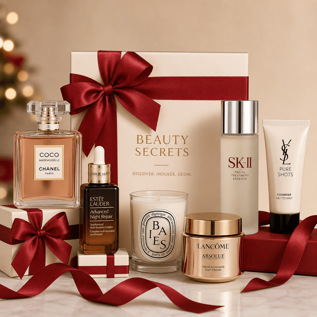 Multiple beauty products arranged with complementary red ribbon wrapping, coordinated bows, professional product styling