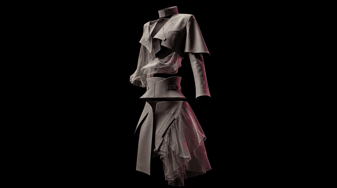 A single sculptural outfit suspended against a near-black background, separated garment layers aligning into one complet