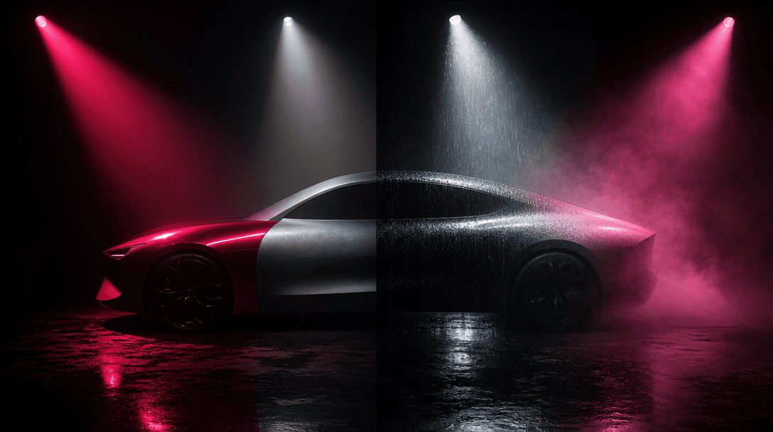 Four distinct pools of cinematic light converging on one sculptural car form, each revealing a different material treatm
