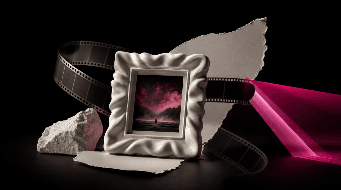 Several distinct creative materials orbiting one central product: a strip of cinematic film, a sculptural image frame, t