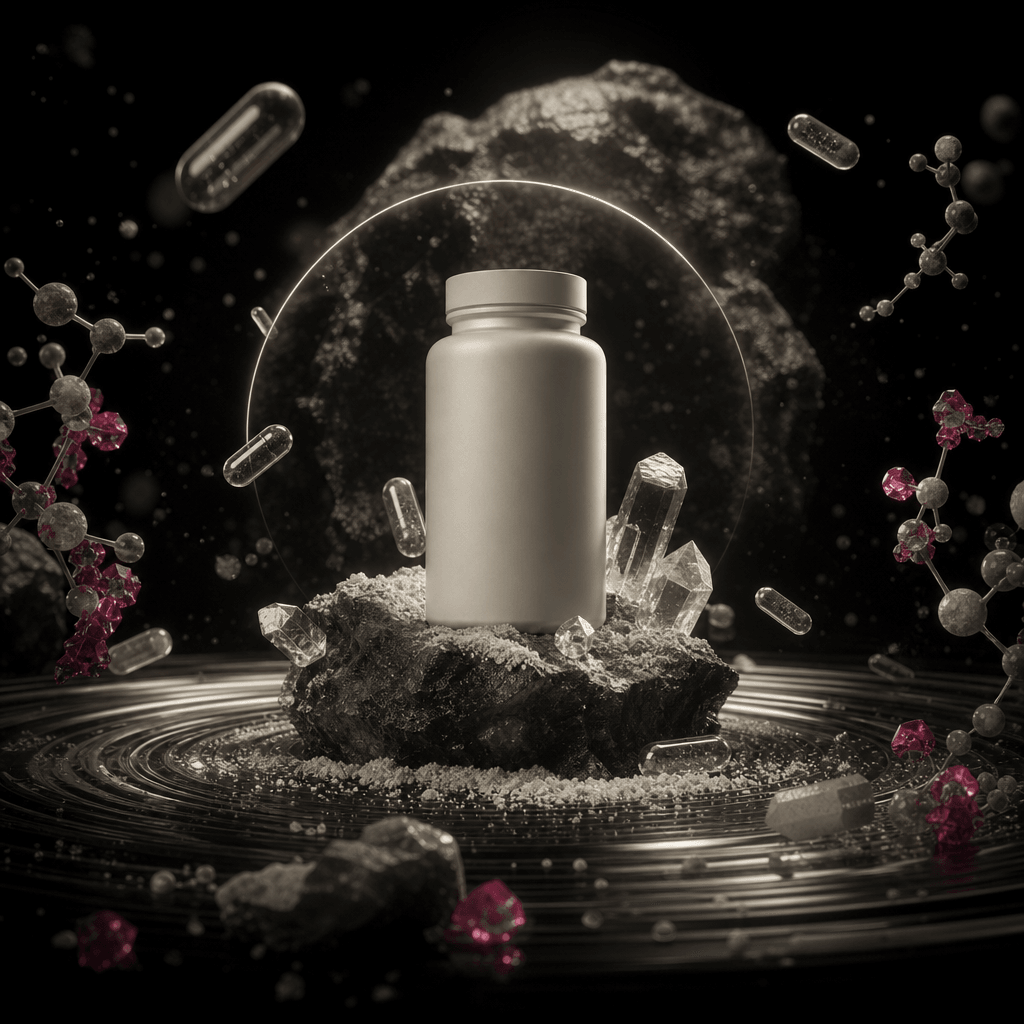A minimalist supplement bottle revealed inside a mineral-inspired molecular environment, surrounded by translucent capsu