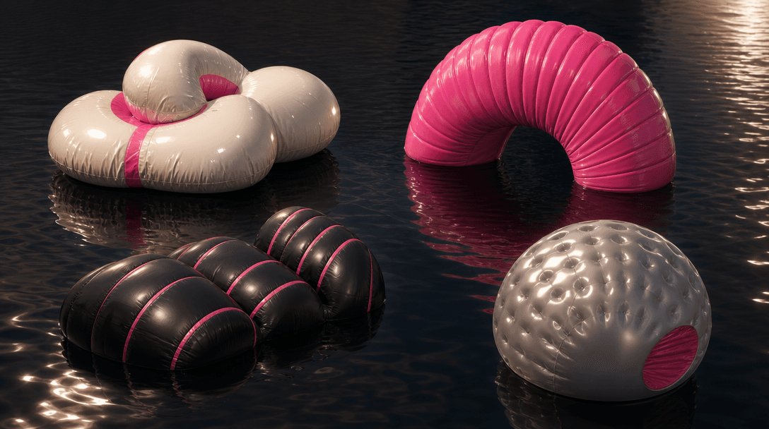 Four distinct abstract inflatable brand forms arranged like a refined material study on dark reflective water, each show