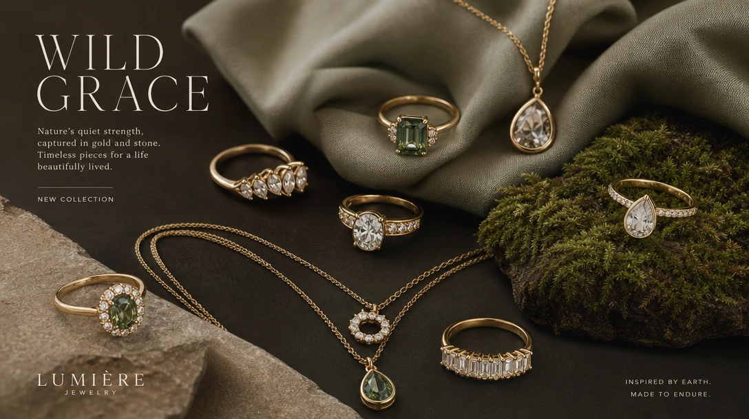 Curated editorial jewelry layout with multiple rings and necklaces arranged artfully on fabric and moss, magazine-qualit
