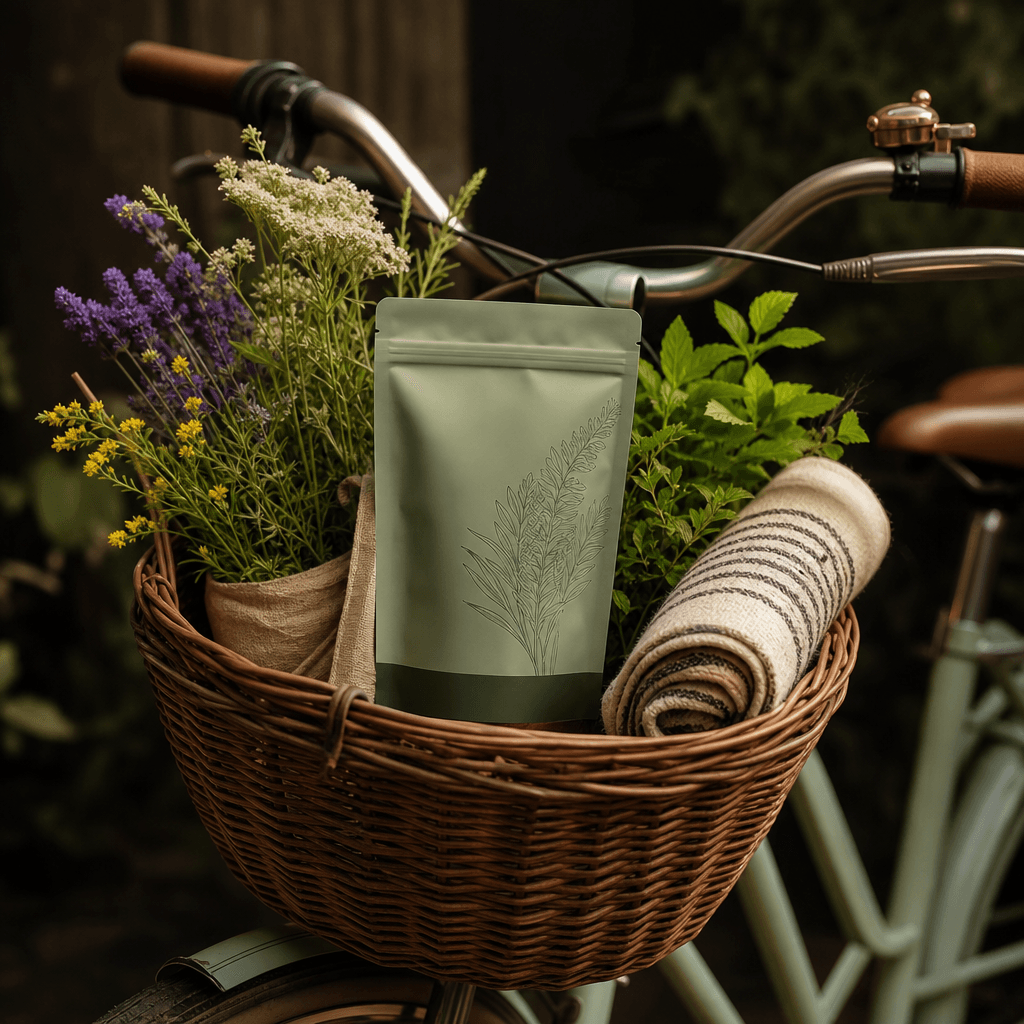 A compact wellness supplement pouch placed in the front basket of a sage-green bicycle, wildflowers, fresh herbs, and a
