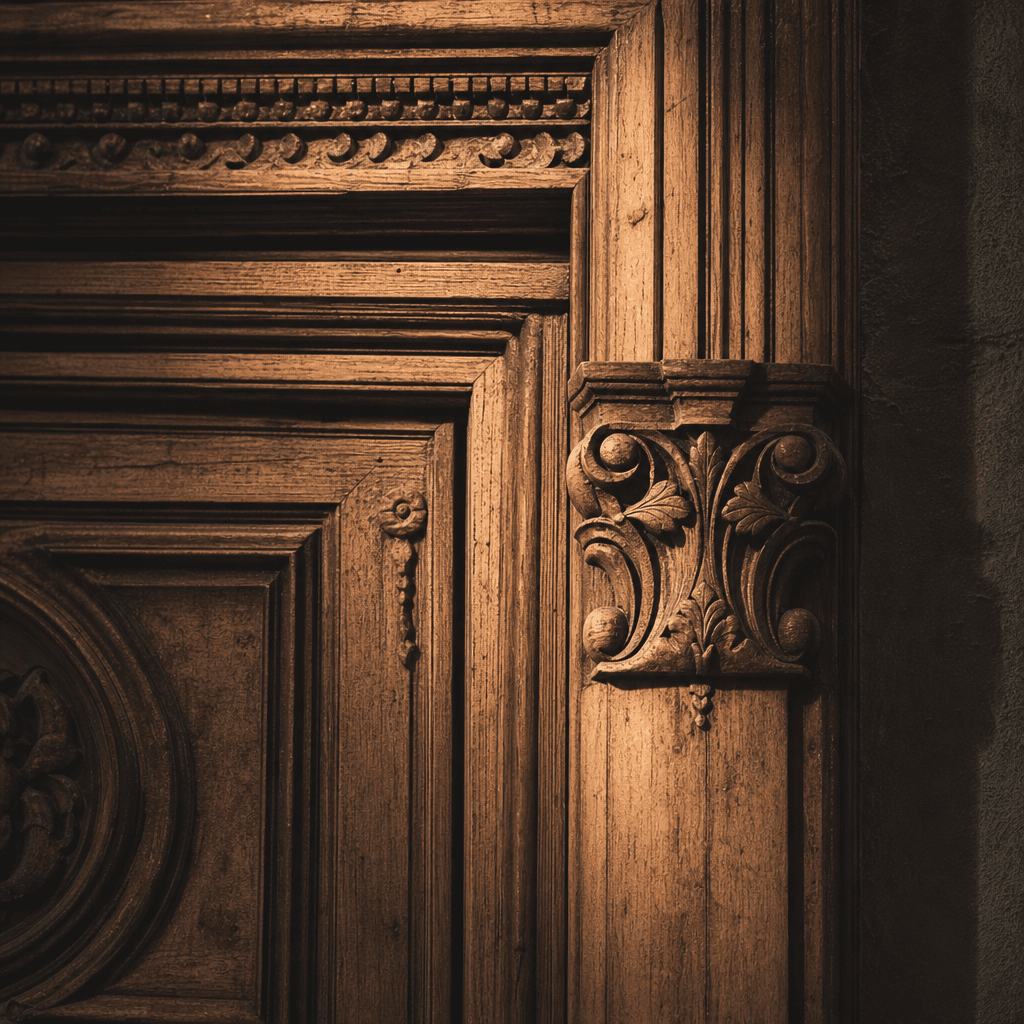 Ornate vintage wooden door frame with historical architectural details, dramatic side lighting casting rich shadows on a