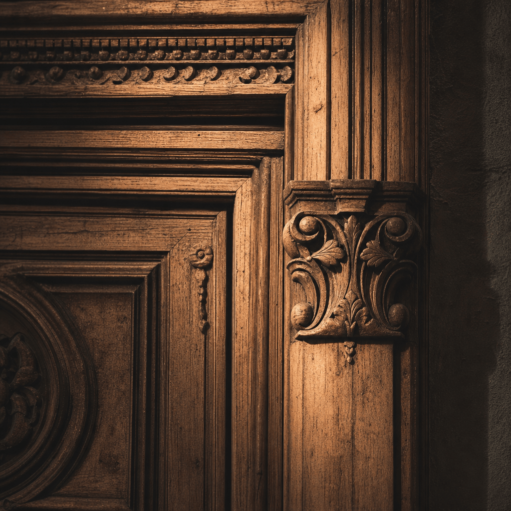 Ornate vintage wooden door frame with historical architectural details, dramatic side lighting casting rich shadows on a