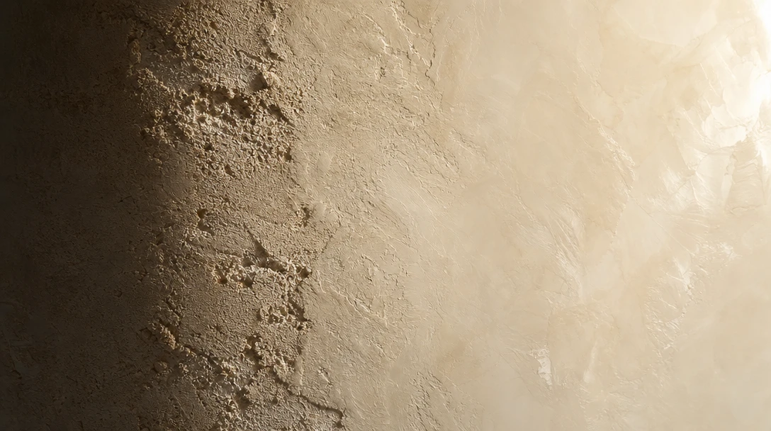 Macro close-up of an interior wall surface in mid-transition: rough sand-plaster texture dissolving from the left edge i