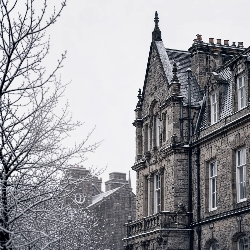 Classic European stone townhouse dusted with light snow, bare winter branches in foreground, pale flat grey sky, high co