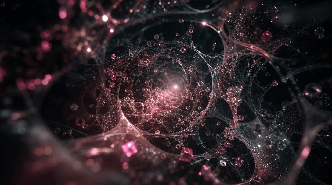 An immersive microscopic tunnel formed from translucent fluid membranes, suspended molecules, crystalline fragments, and