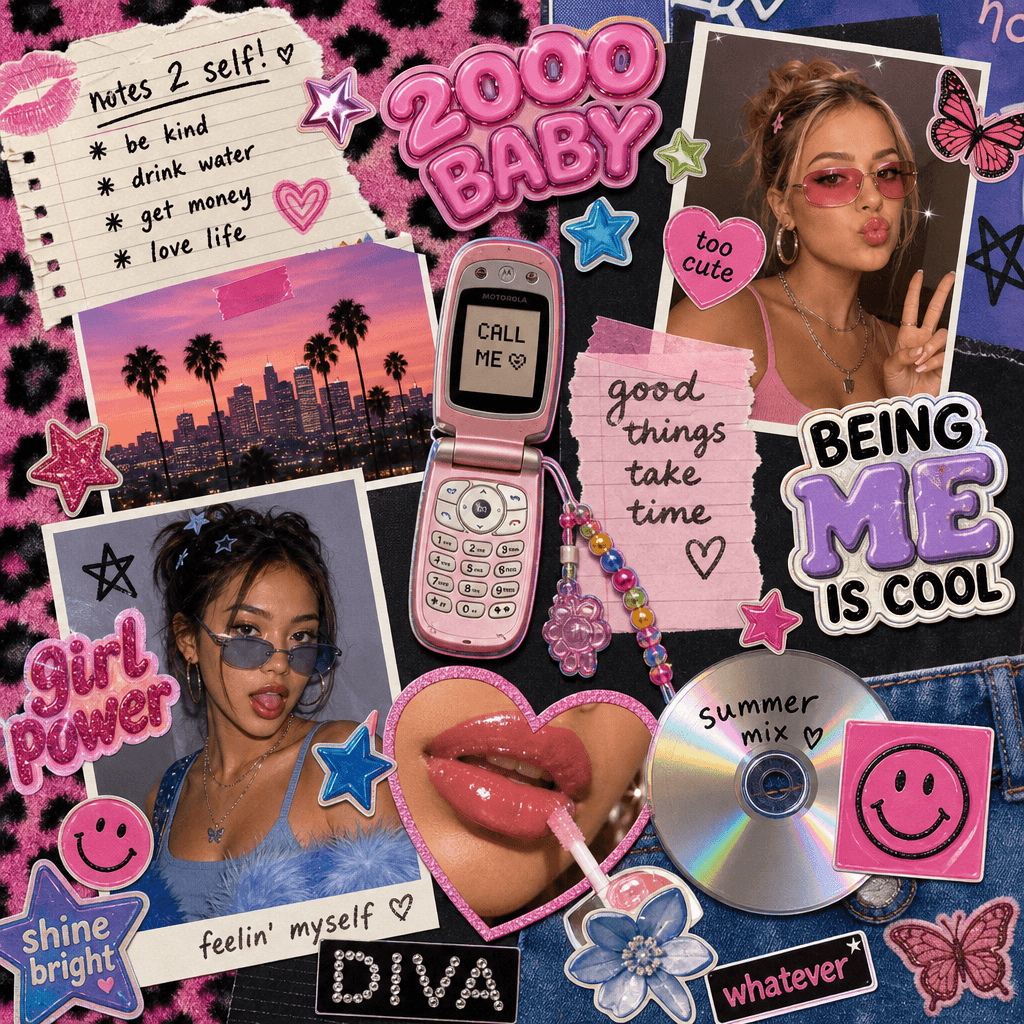 A trendy Y2K aesthetic scrapbook collage with a mix of photos, stickers, and vibrant backgrounds. The design should be p