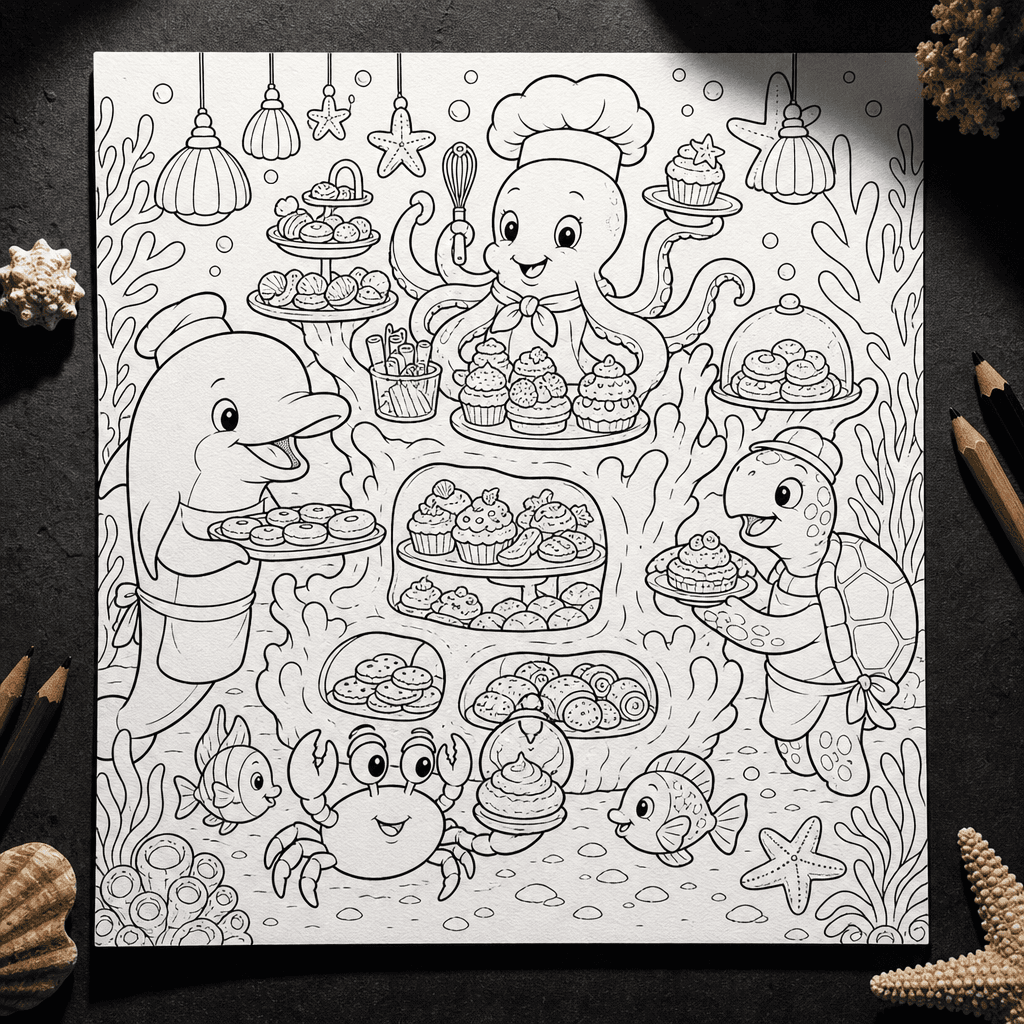 Square coloring page concept of an underwater bakery run by cheerful sea creatures, pastries displayed inside coral-shap