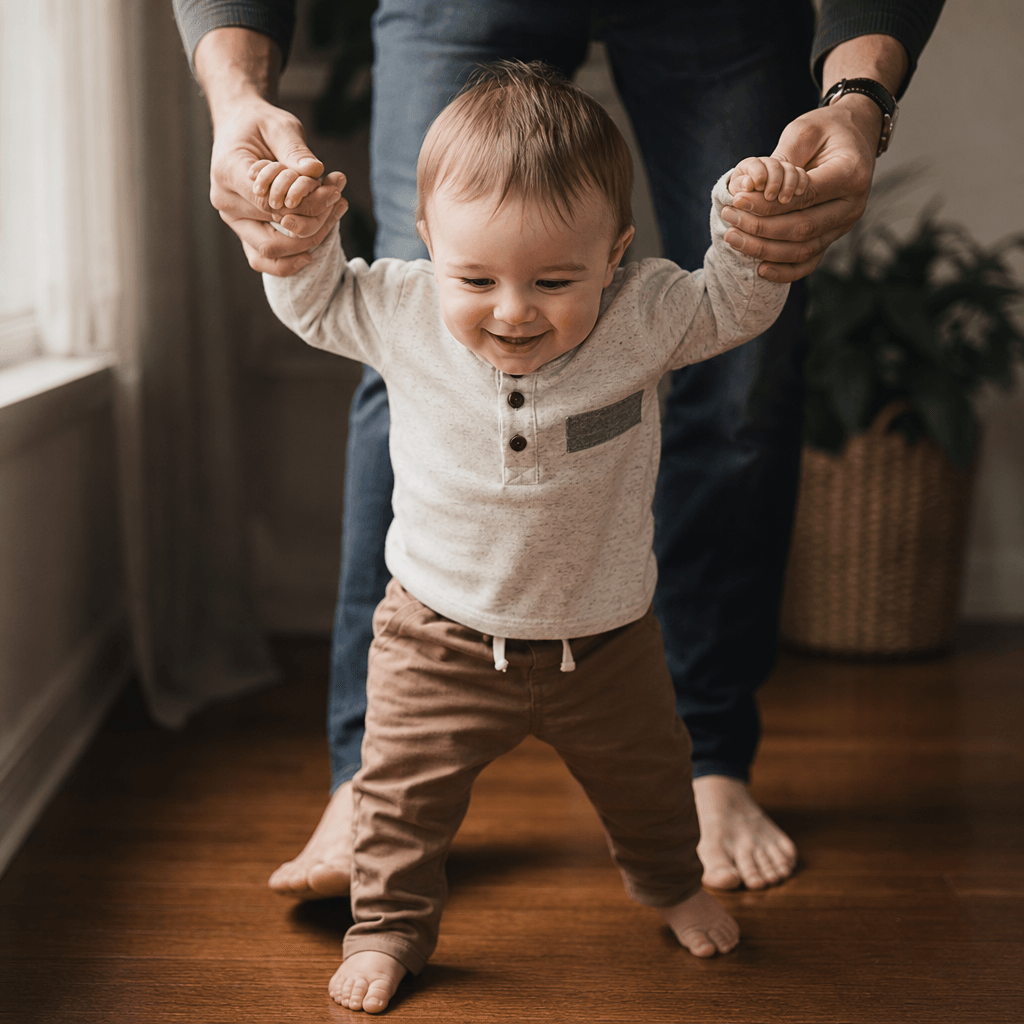 Toddler milestone moment, professional family photography, natural window lighting, warm tones, genuine emotion captured