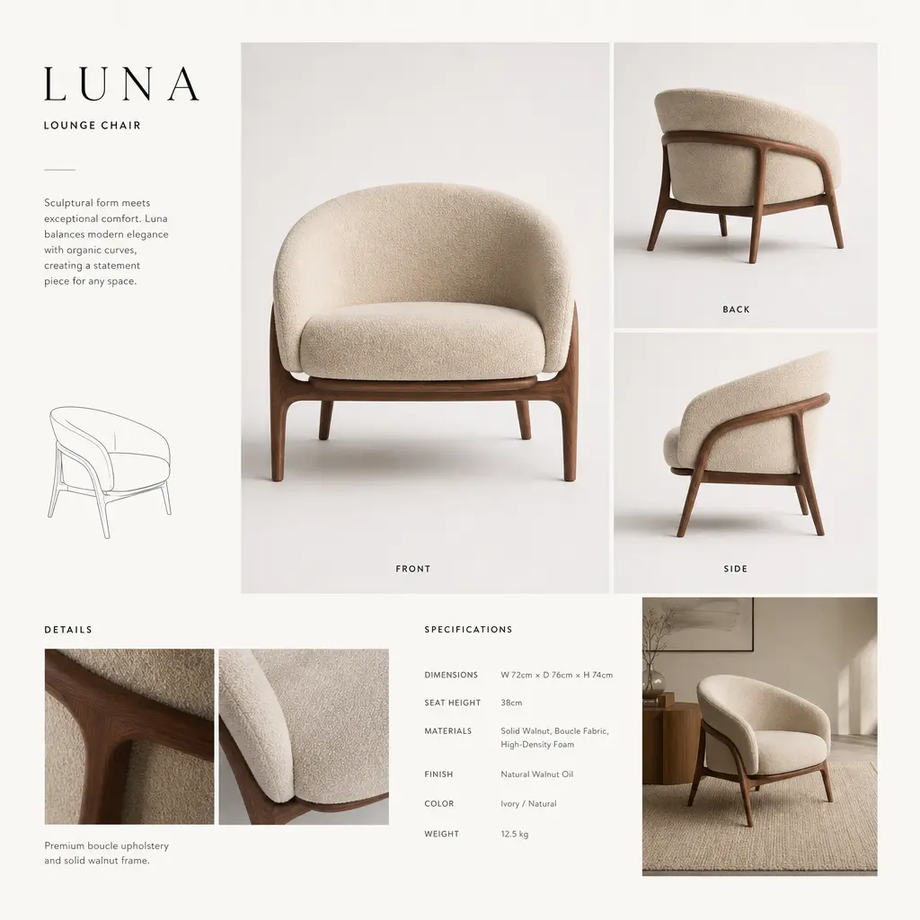 A multiview product sheet showing the same item (furniture, apparel, or object) displayed from front, back, side, and de