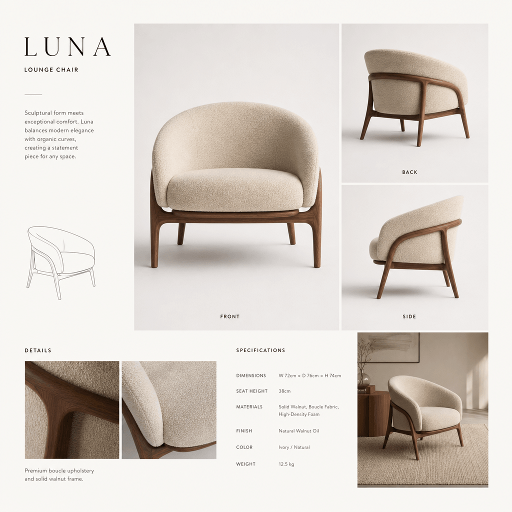 A multiview product sheet showing the same item (furniture, apparel, or object) displayed from front, back, side, and de