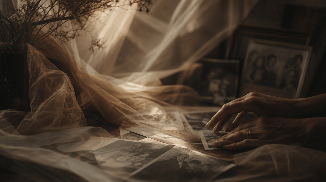Layers of translucent fabric, warm window light, subtle film grain, and softly blurred family photographs forming an atm