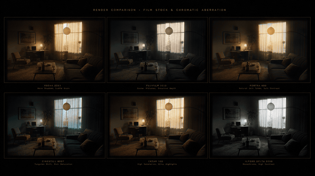 Artistic film stock visualization or chromatic aberration effect showing the same interior scene rendered with subtle qu