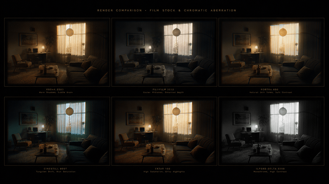Artistic film stock visualization or chromatic aberration effect showing the same interior scene rendered with subtle qu