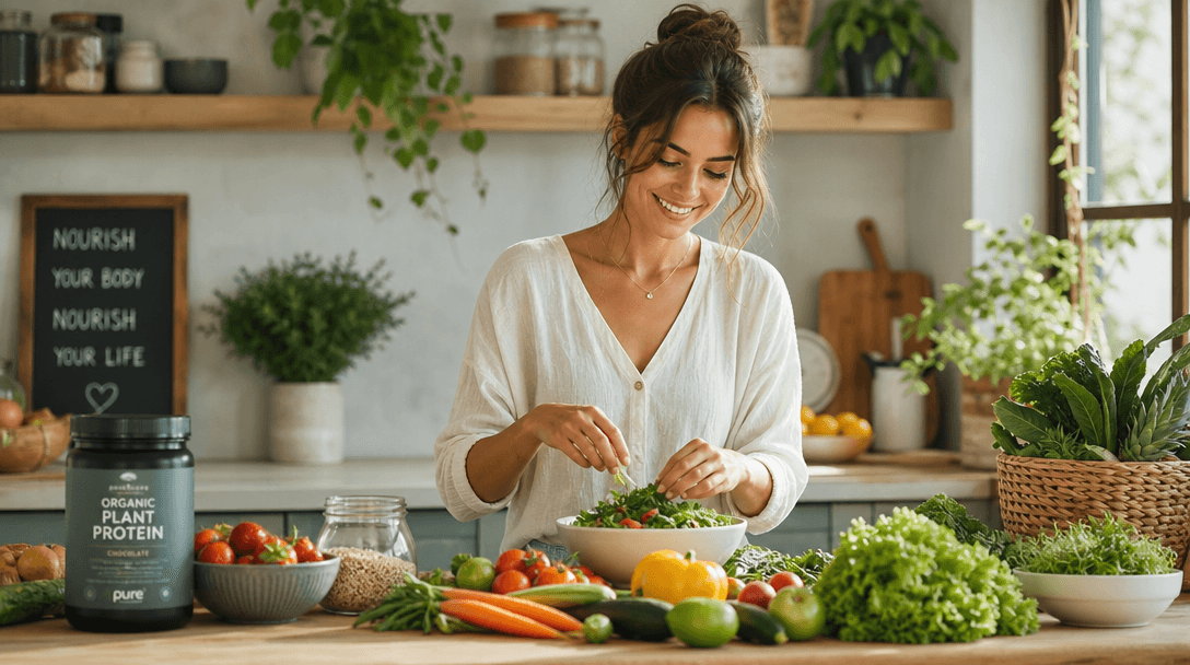 Organic kitchen or wellness environment. Natural kitchen setting background with fresh ingredients visible, warm natural