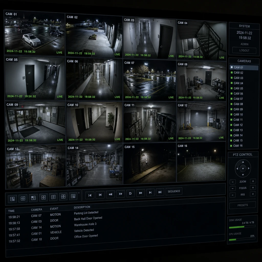 Multiple CCTV security camera feeds displayed on a dark control monitor grid, glowing green timestamps on each feed, sec