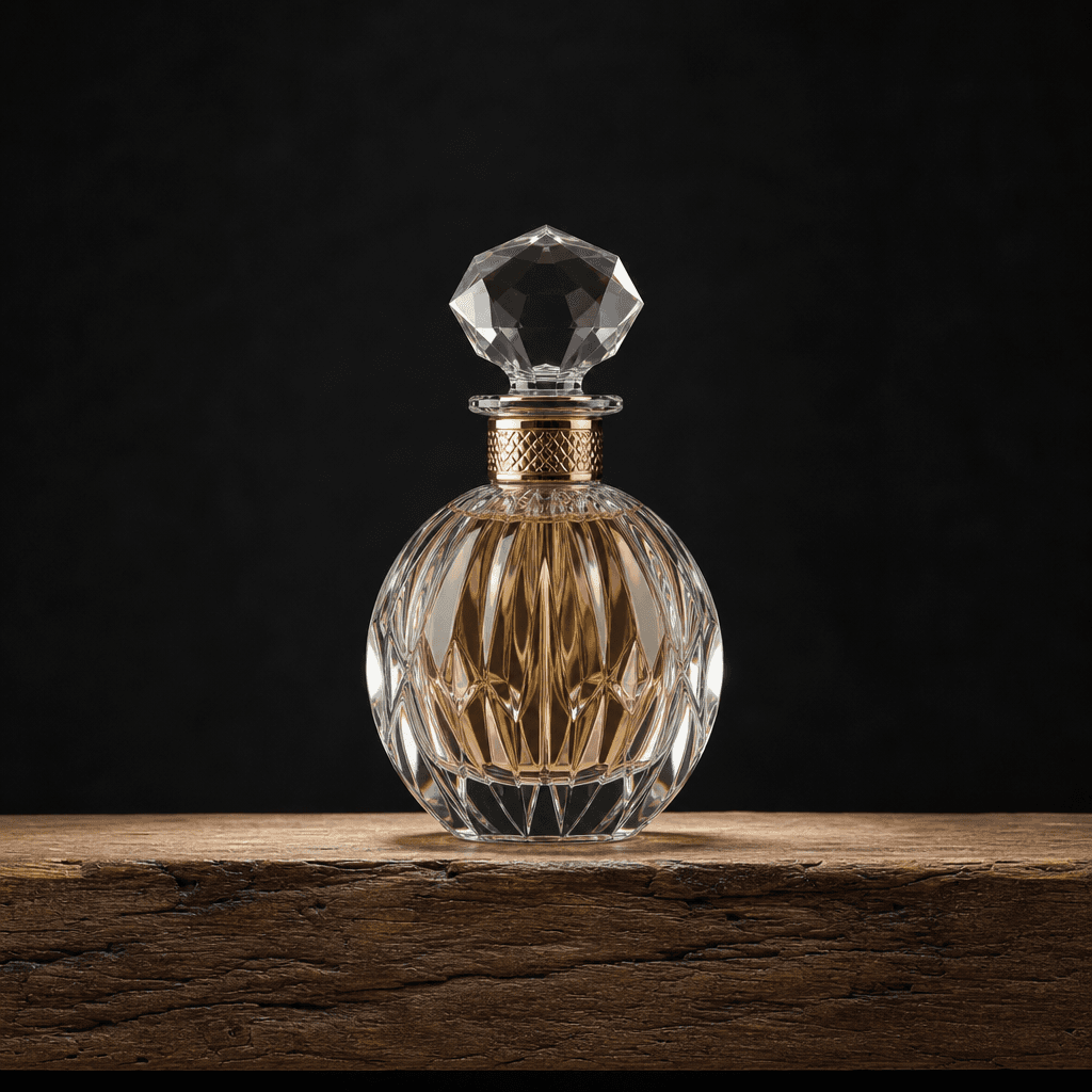 Crystal perfume bottle centered on rustic wooden shelf, minimal dark background, professional studio lighting with subtl