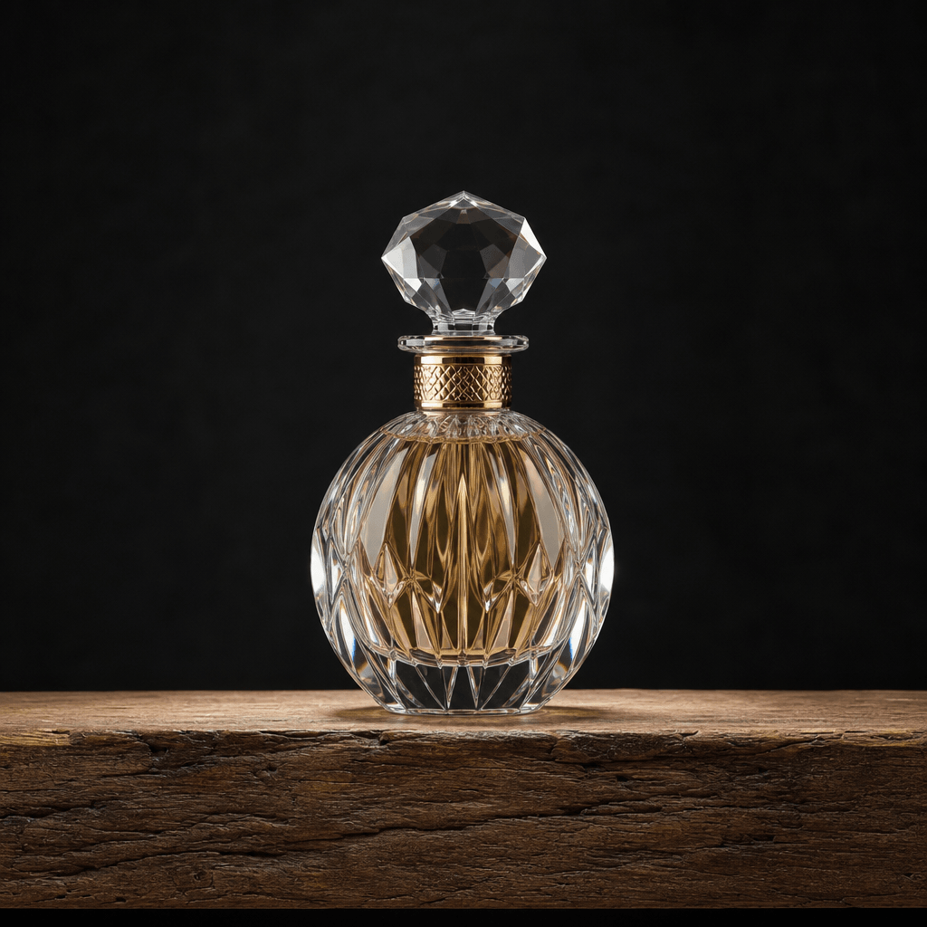 Crystal perfume bottle centered on rustic wooden shelf, minimal dark background, professional studio lighting with subtl