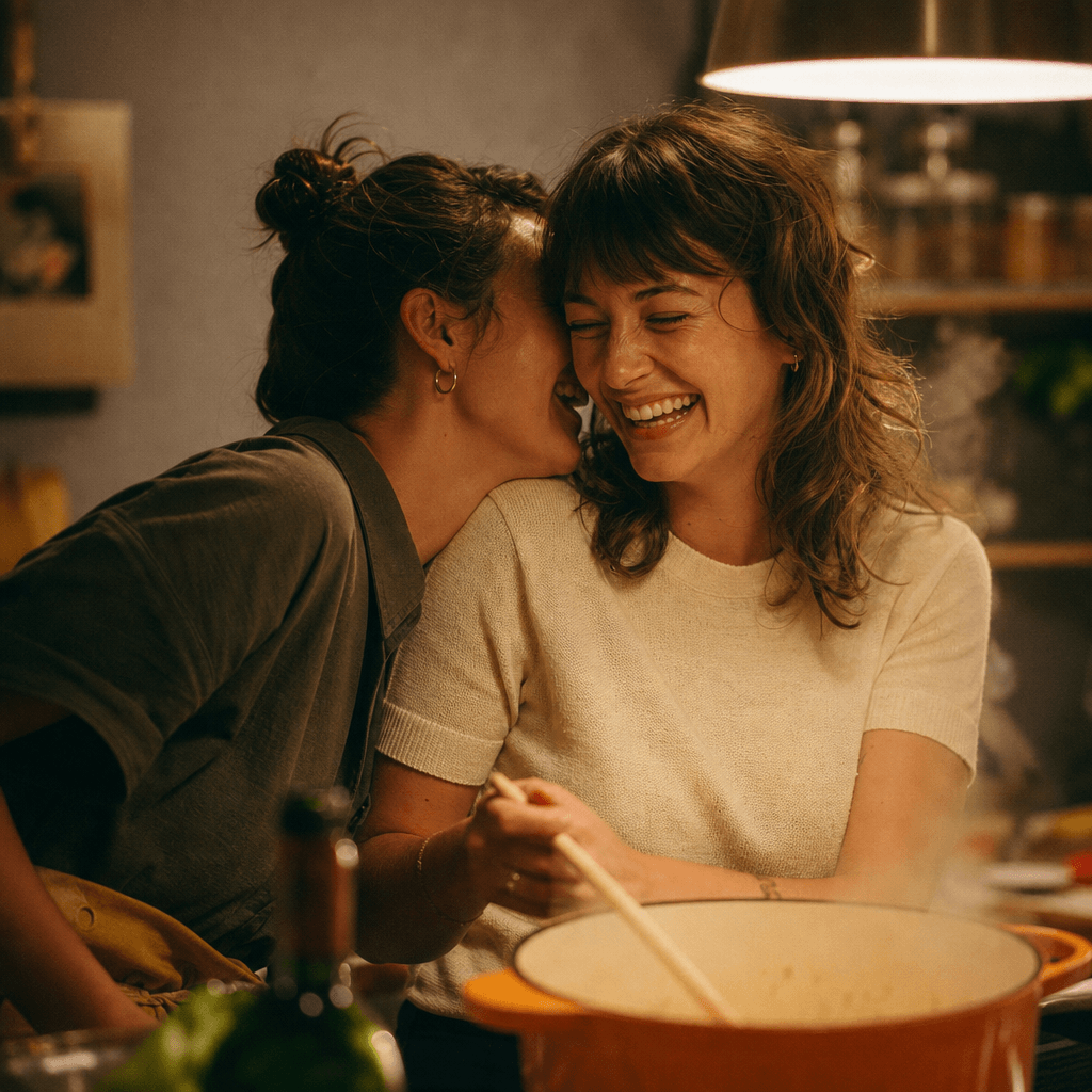 Two people cooking together in a cozy kitchen, one leaning close to whisper to the other, both caught mid-laugh. Warm ov