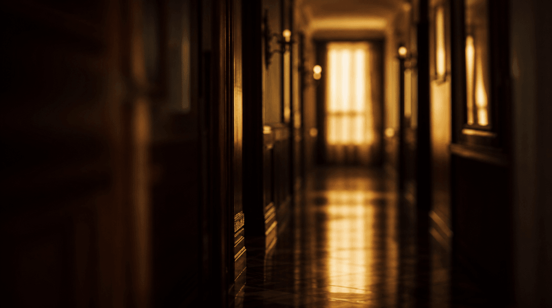Abstract cinematic scene of motion through a warmly lit interior — slow drift along a corridor with blurred polished flo