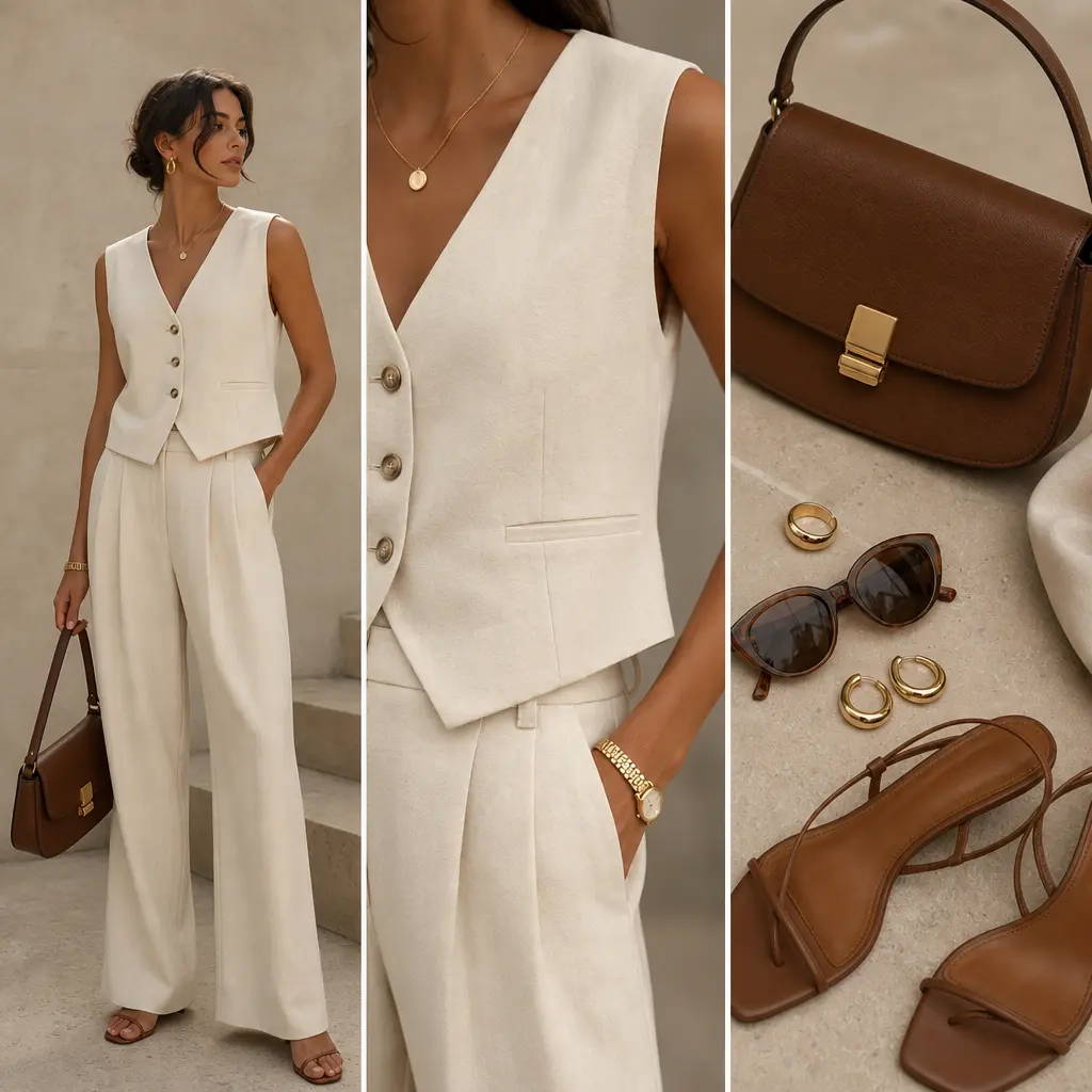Three-shot triptych of an outfit displayed in three different styling angles—full body, close-up detail, and accessory f