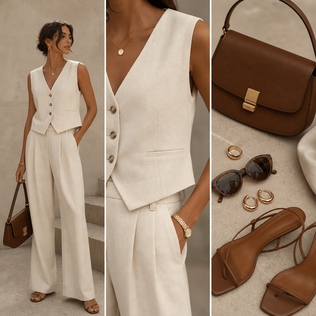 Three-shot triptych of an outfit displayed in three different styling angles—full body, close-up detail, and accessory f