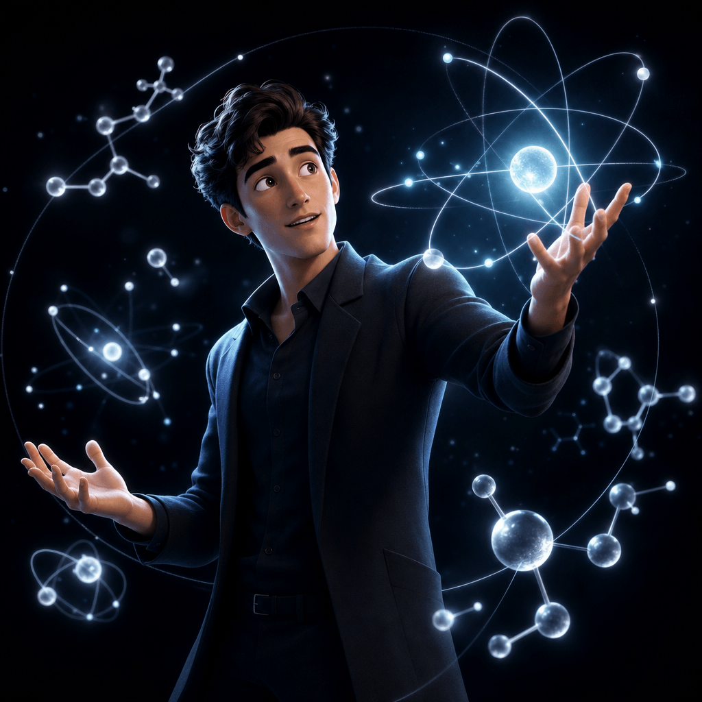 Square editorial frame. A sleek, expressive animated character stands in a dynamic teaching pose against a deep dark bac