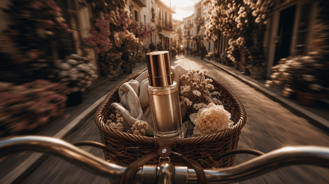 Close cinematic view of a bicycle basket carrying a luxury skincare bottle through a quiet flower-lined street, the prod