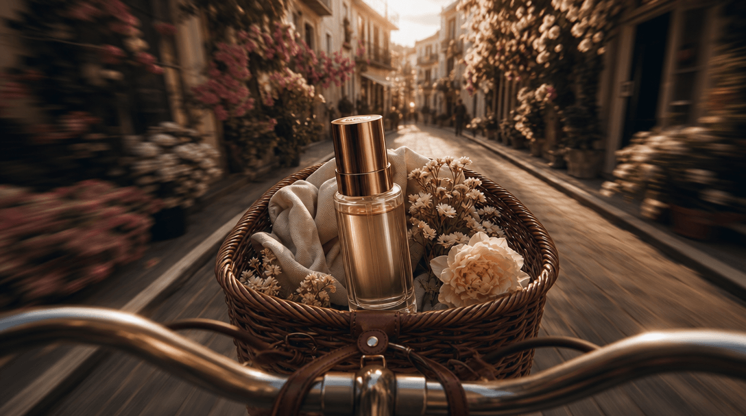 Close cinematic view of a bicycle basket carrying a luxury skincare bottle through a quiet flower-lined street, the prod