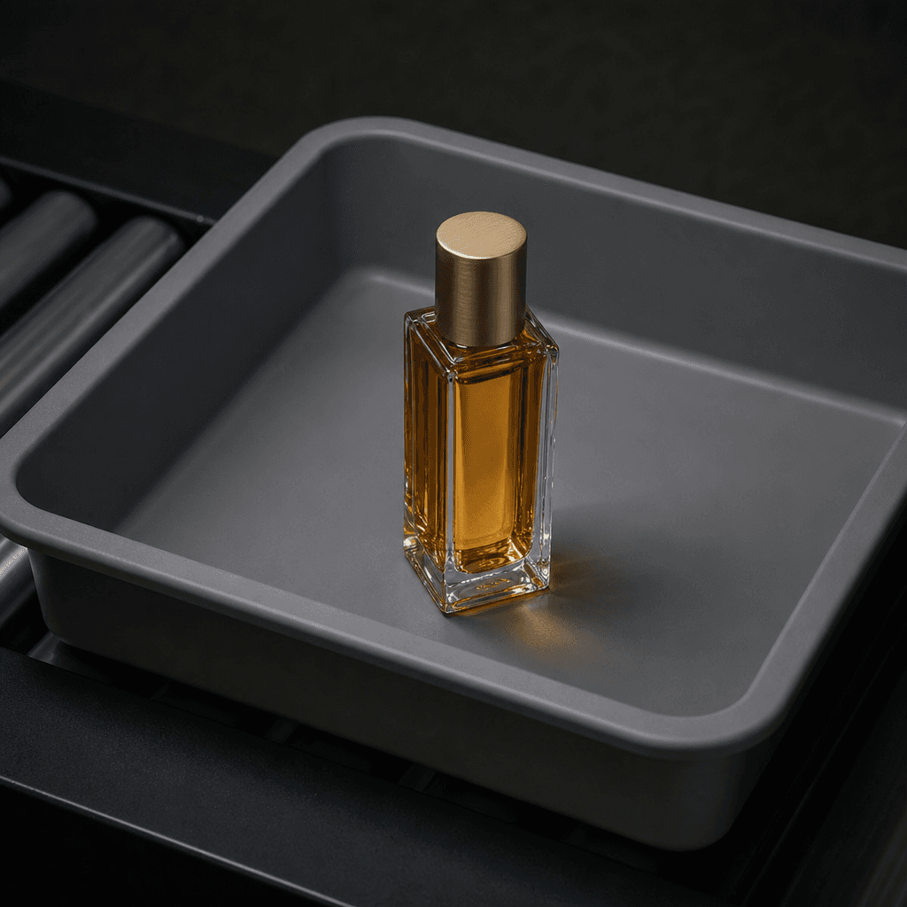 Photorealistic image of a tall glass perfume bottle with a brushed gold cap resting on a gray airport security tray. Ove