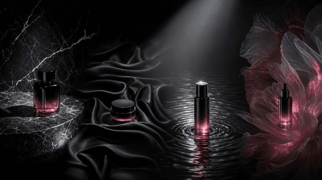 Four distinct product-stage environments blending into one continuous cinematic panorama: polished stone, black silk, re
