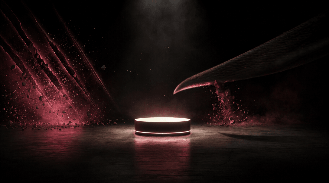 An empty dark soundstage moments before impact, a product pedestal illuminated at center while giant claw marks and a sw