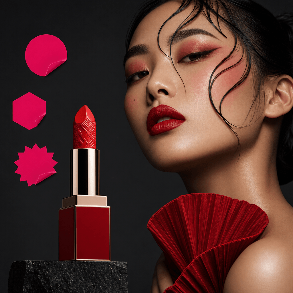 Square beauty campaign featuring a sculptural red lipstick and an abstract model with bold editorial makeup, dark charco