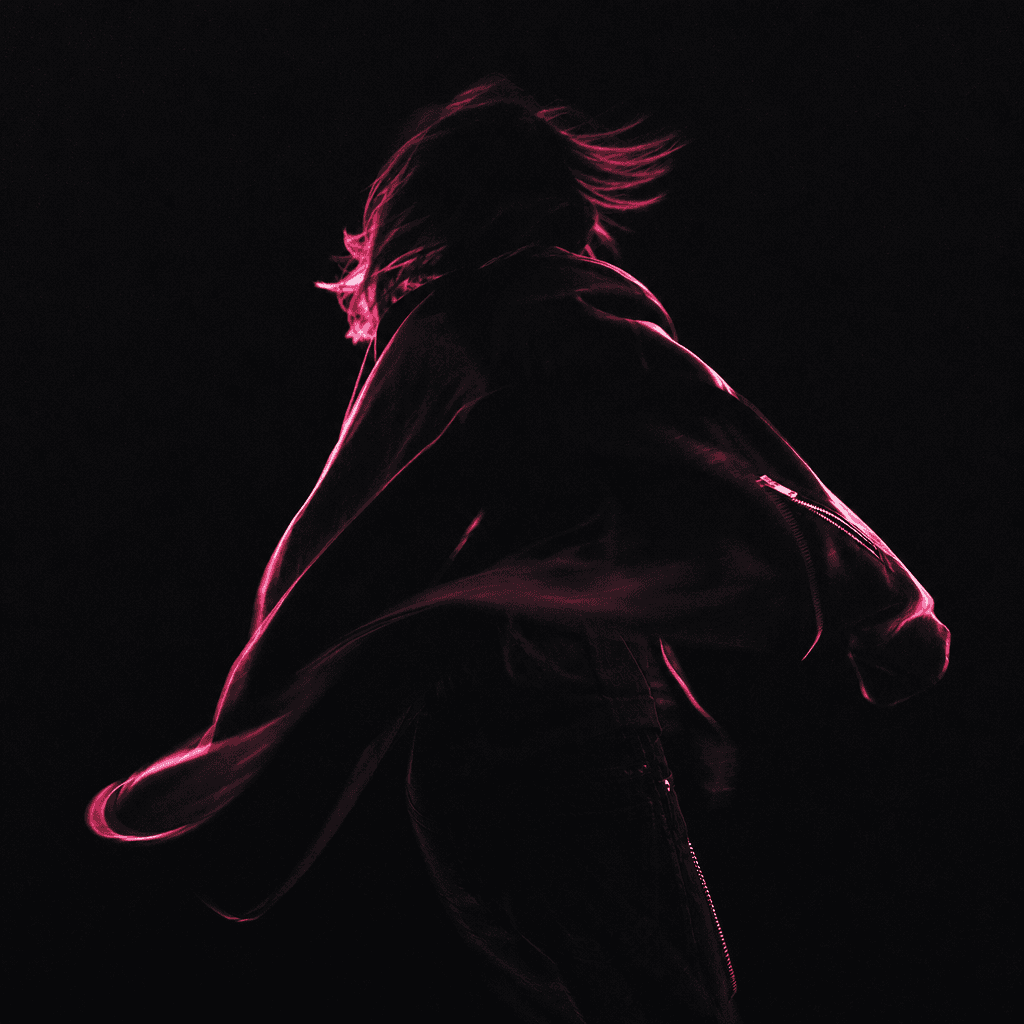 Fashion editorial still: silhouetted figure caught mid-motion against a deep black background, soft neon pink rim light