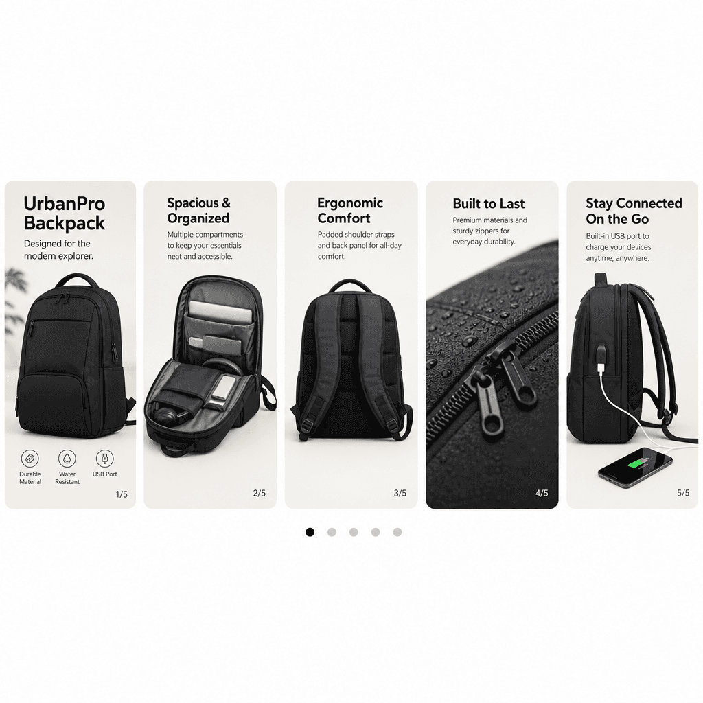 E-commerce product carousel showing 5 consecutive slides with different product angles and feature highlights, professio